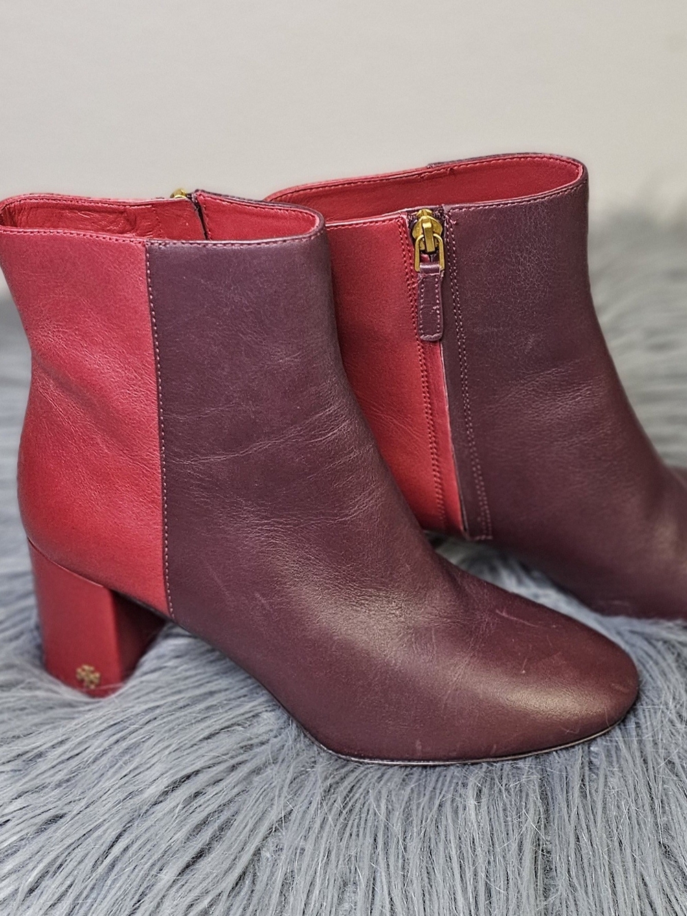 Tory Burch Women's Brooke 70MM Round Toe Leather Bootie, Size 8,claret/redstone